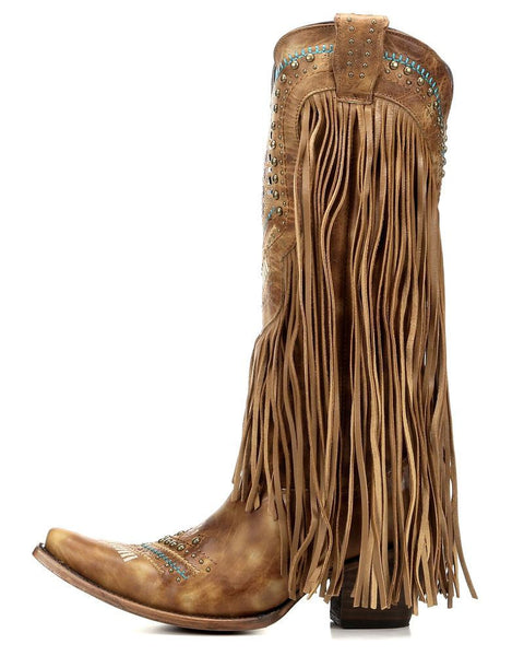 Corral C2910 Tan Multi Color Crystal Pattern and Fringe Boot