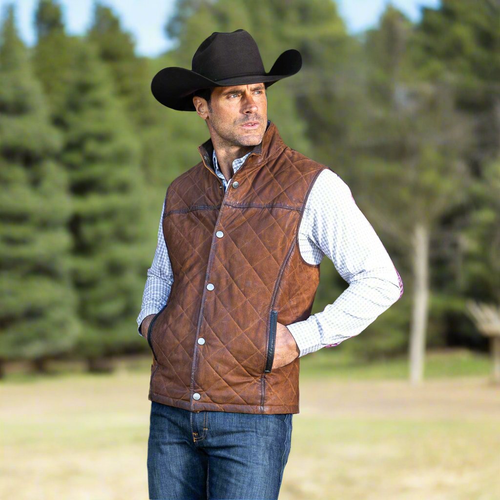 Beaver Creek quilted Lightweight Leather Vest by Madison Creek 46-Bourbon