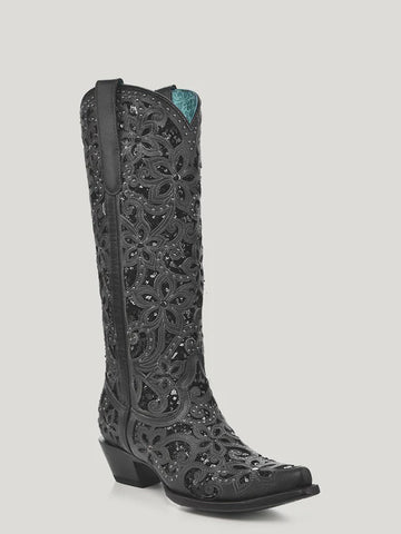 Corral C4087 Ladies Black Embroidery Crystals Eagle  Lamb Fringes Tall Cowboy Boots