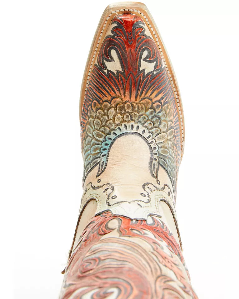 Corral A4516 Women's White Hand Tooled and Painted Fire Phoenix Cowboy Boots