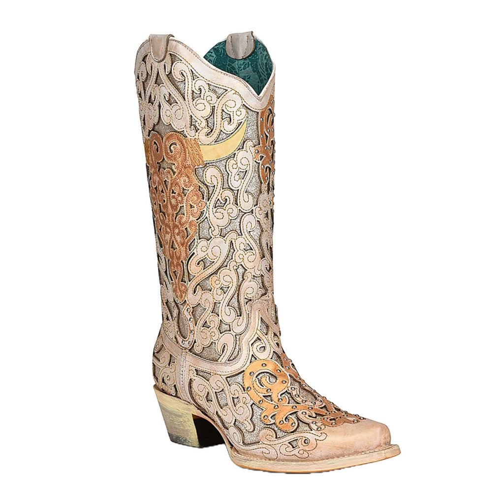 Corral Boots A4408 White Glitter Inlay and Bull Skull Western Boot SS23