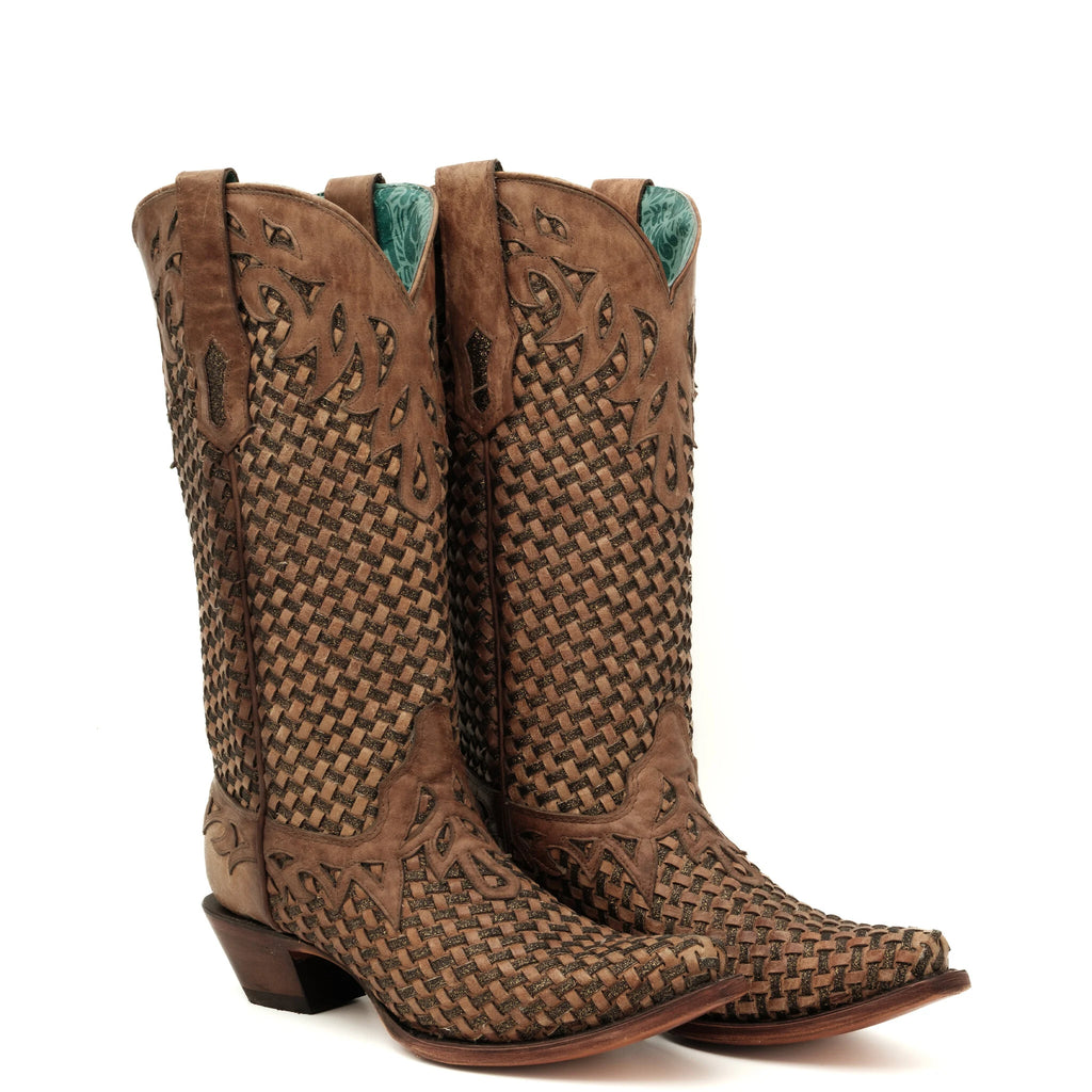 Corral Cowboy Boots A4506 Women's Brown Leather Woven Sand with Glitter