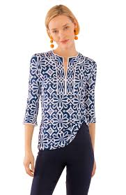 Gretchen Scott Jersey Split Neck Tunic Piazza in Navy Saratoga